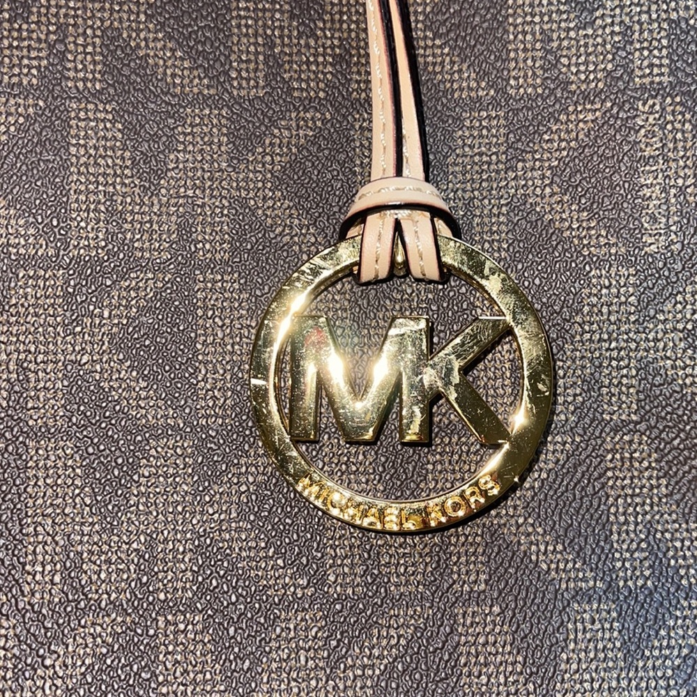 Michael Kors MK Monogram Brown Tote Bag with Long Strap and Gold Accent - Picture 3 of 3